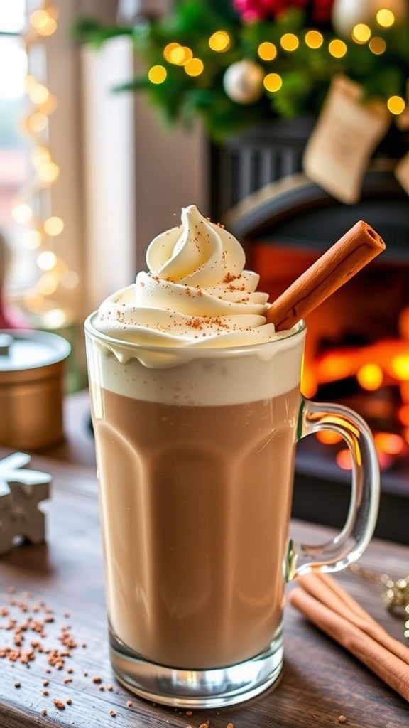 A glass of gingerbread rum eggnog with whipped cream and cinnamon stick, holiday decorations in the background.